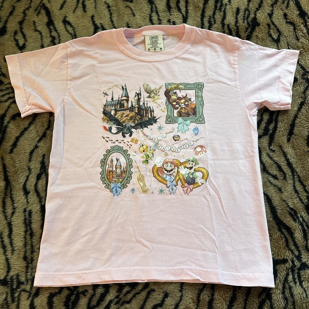 Kids Medium Pink Epic Universe (Universal Studios) T-shirt, Mario, Harry Potter